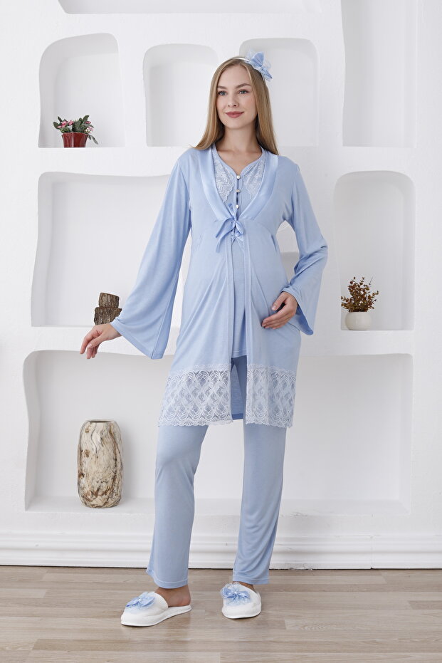 Pregnant - Maternity Set / Buttoned Pajamas and Lacy Dressing Gown Set / Slippers and Crown Gift