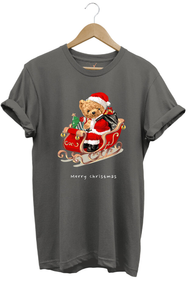 Christmas Printed Cute Teddy Bear New Year's Eve Christmas 100% Cotton Regular Fit Crew Neck Gray T-Shirt
