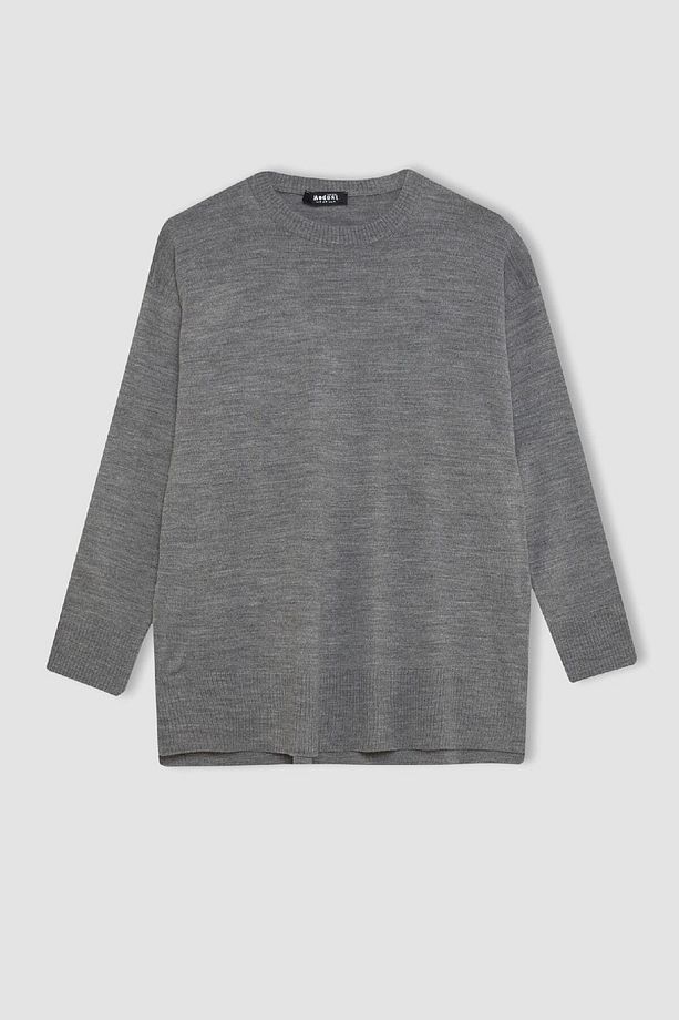Regular Fit Bisiklet Yaka Yırtmaçlı Basic Düz Triko Kazak Tunik C5165ax24au - 7