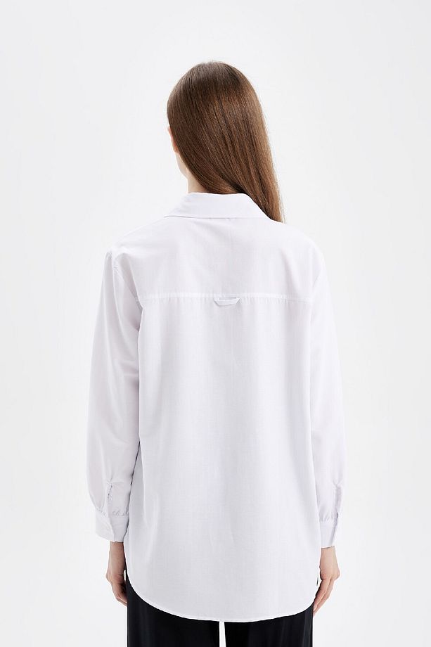 Beyaz Relax Fit Gömlek Yaka Poplin Basic Düz Uzun Kollu Gömlek Tunik D4159ax24au - 7