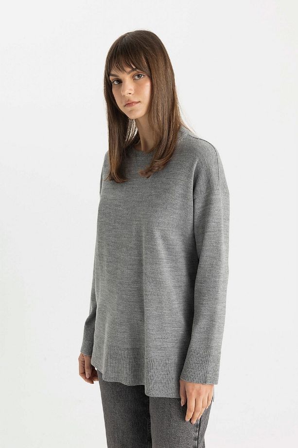 Regular Fit Bisiklet Yaka Yırtmaçlı Basic Düz Triko Kazak Tunik C5165ax24au - 4