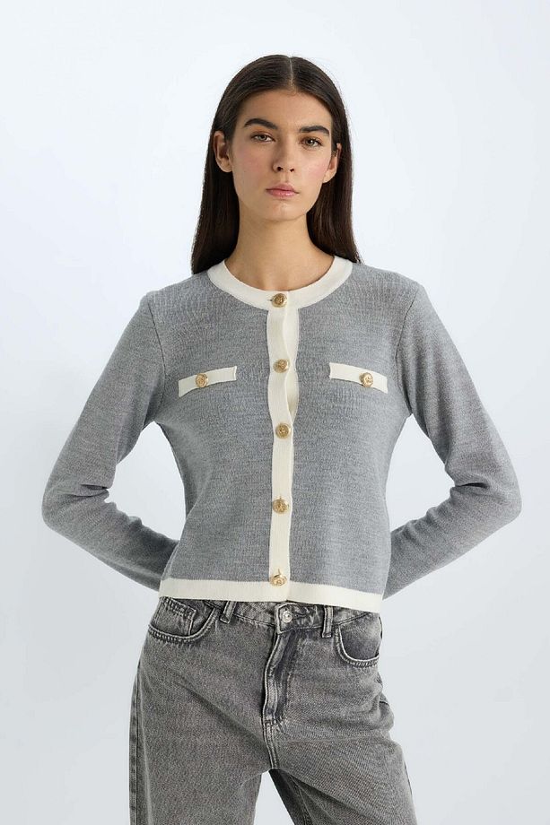 Regular Fit Bisiklet Yaka Düğmeli Basic Düz Triko Hırka C1482ax24wn - 4