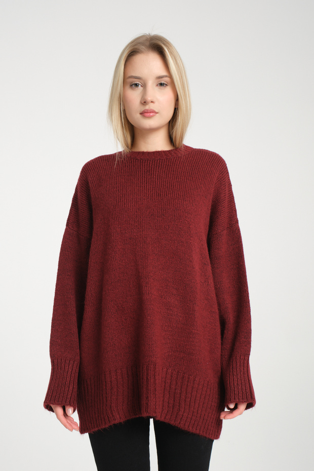 Oversize Basic Bordo Uzun Kadın Kazak - 1