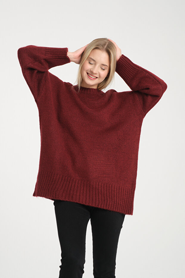 Oversize Basic Bordo Uzun Kadın Kazak - 2