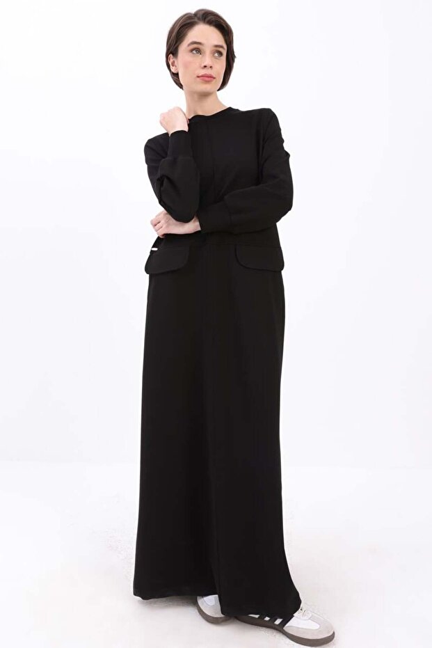 Siyah-Cepli Örme Elbise - 1