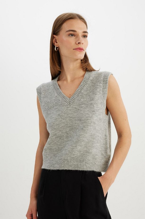 Regular Fit V Yaka Basic Düz Premium Triko Süveter C9048ax24wn - 3
