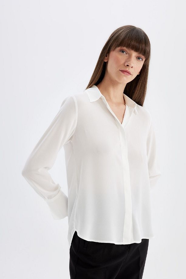 Regular Fit Basic Düz Krep Dokuma Uzun Kollu Beyaz Gömlek D3151ax24au - 4