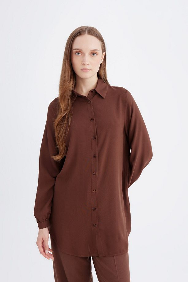 Regular Fit Basic Düz Viskon Uzun Kollu Gömlek Tunik D2613ax24au - 4