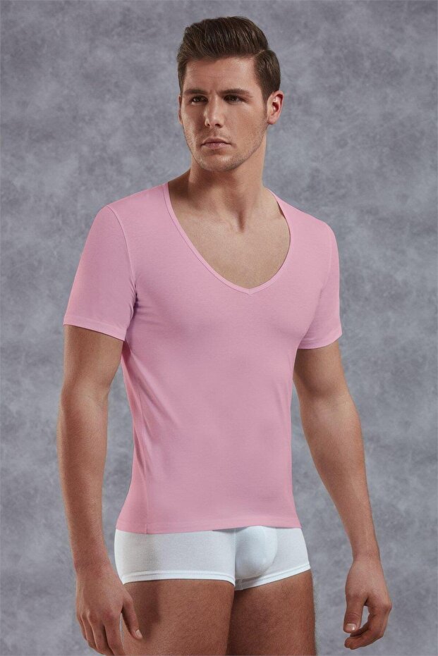 Men's Modal Deep V Neck Short Sleeve t Shirt 2820 Pink