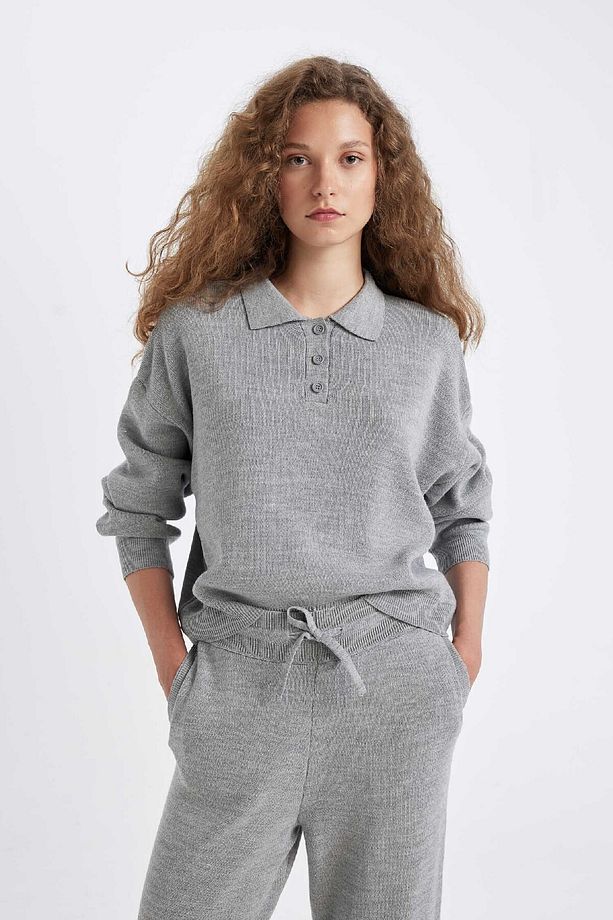 Coool Regular Fit Polo Yaka Düğmeli Basic Düz Triko Kazak C9223ax24wn - 3
