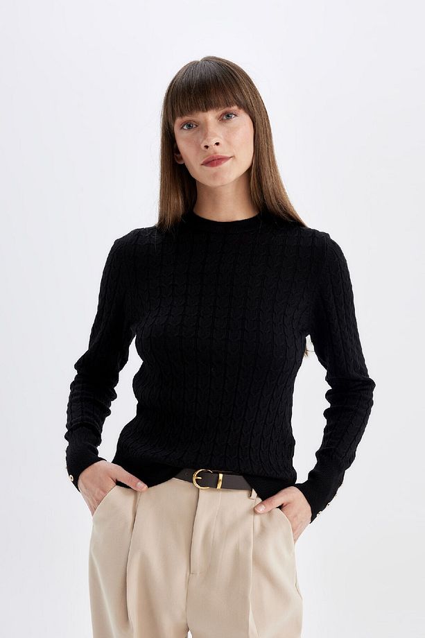 Regular Fit Bisiklet Yaka Saç Örgülü Düğmeli Siyah Triko Kazak X7713az24wn - 3