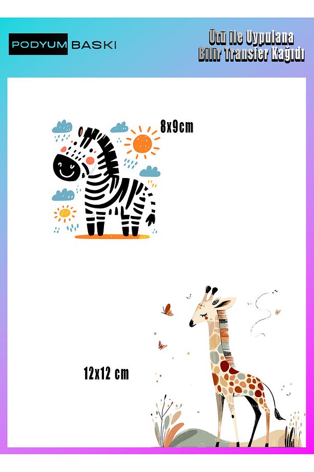 Ütü Ile Yapışan Tekstil Dtf Baskı Tişört Baskısı Bebek ve Çocuklar için zebra ve zürafa - 1
