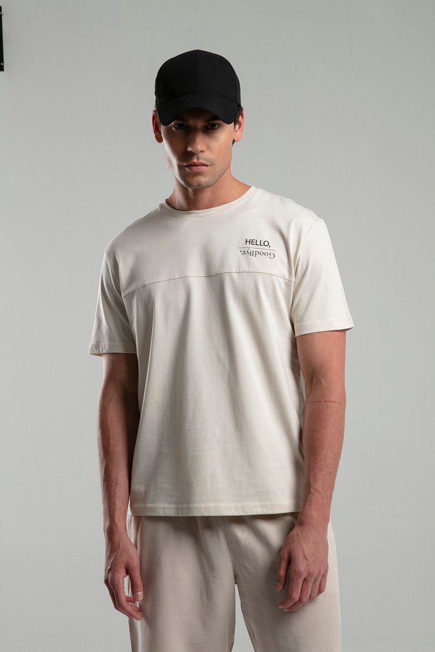 Beige Colored Men's Crew Neck Printed T-Shirt