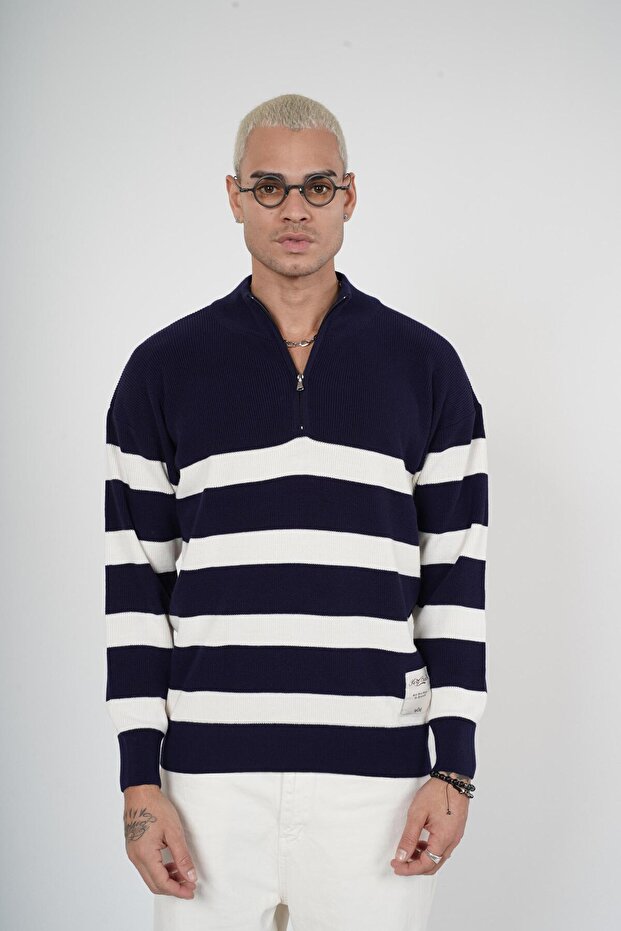 Trend We Half Zipper Stand Collar Striped Oversize Fit Knitwear Sweater