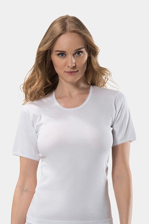 Women's Lace Detailed Short Sleeve Camisole Cotton Undershirt 222/White