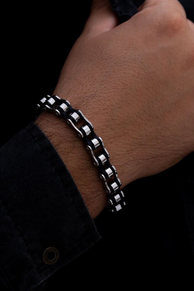 Men's Motorcycle Bike Chain - Steel Bracelet, Black, Medium Thickness