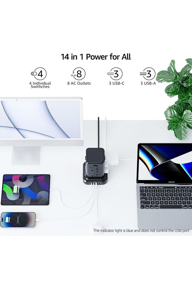 USB C Yuvalı Kule Uzatma Kablosu, 6 USB Portlu 8 Yollu Çoklu Fişli Uzatma Kulesi - 3