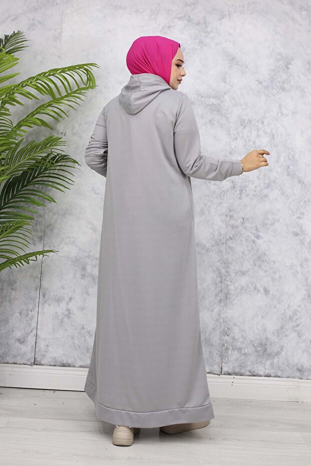 Kapüşonlu Basic Elbise 5042 Gri - 6