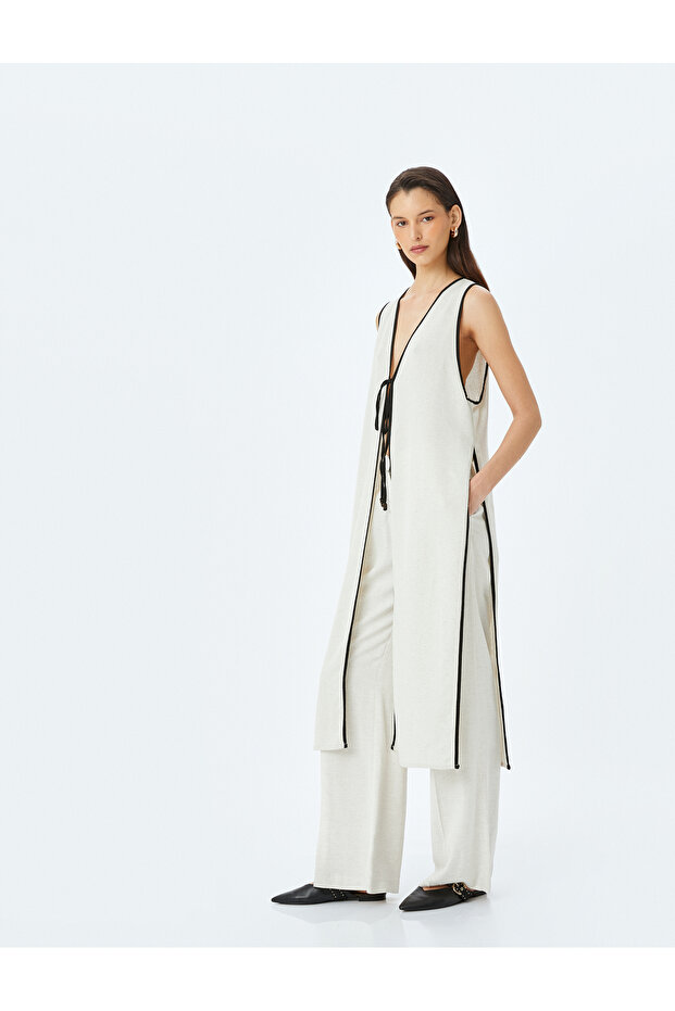 Linen Blended Front Tie Detailed Long Sleeveless Vest