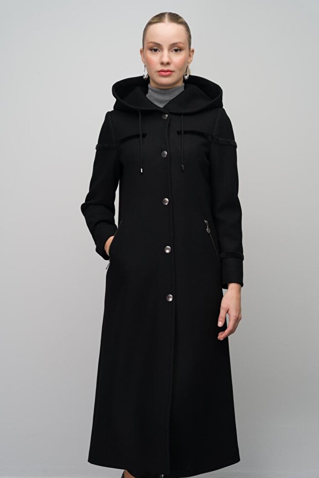 Hooded Snap Closure Wool Blend Long Cap Black 6631