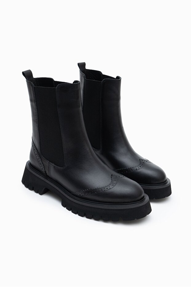 Bellamy fekete valódi bőr gumi részlet lapos talpú női csizma - 3