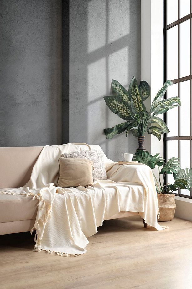 Ekru Pamuklu Dekoratif Koltuk Örtüsü Set 170x230 Boyutlu Optimal Kaymaz Tasarım (2 ADET) - 3