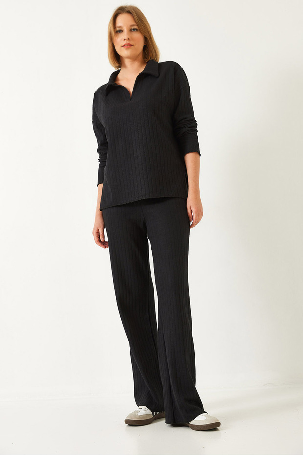 Women's Black Polo Neck Knitwear Top and Bottom Set 0183 60261103