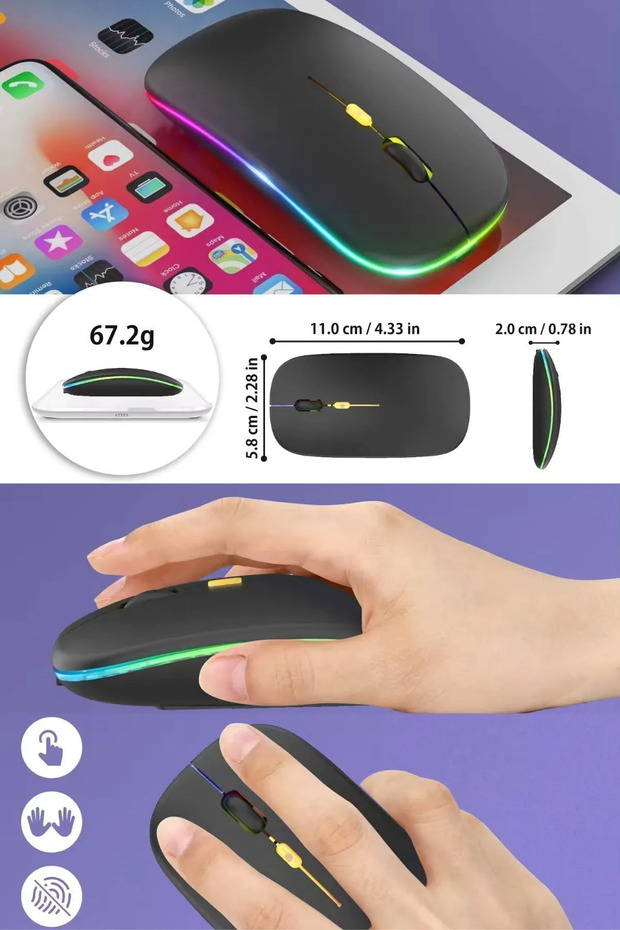 Kablosuz Wireless 2.4g Bluetooth Sessiz Mouse Şarj Edilebilir Rgb Renkli Ergonomik Tasarımlı - 4