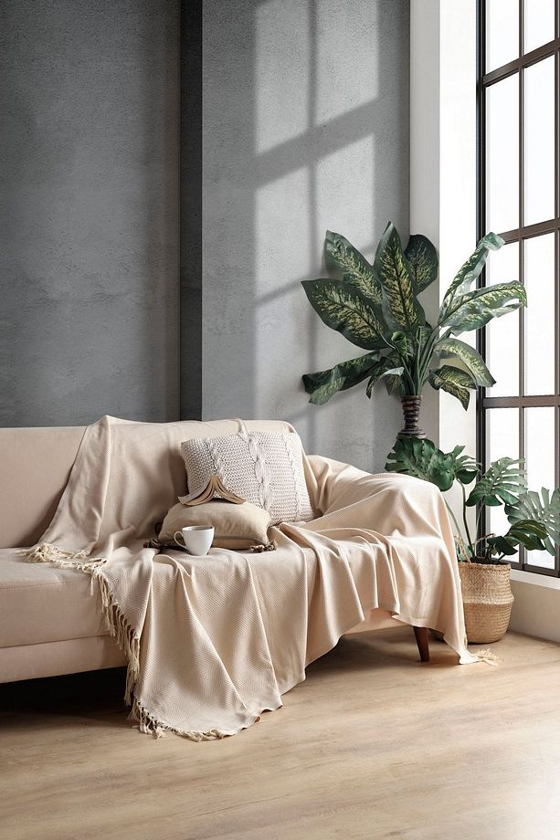 Açık Kahve Pamuklu Dekoratif Koltuk Örtüsü Set 170x230 Boyutlu Optimal Kaymaz Tasarım (2 ADET) - 3