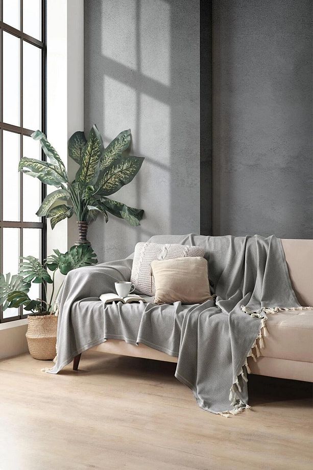 Gri Pamuklu Dekoratif Koltuk Örtüsü Set 170x230 Boyutlu Optimal Kaymaz Tasarım (2 ADET) - 5