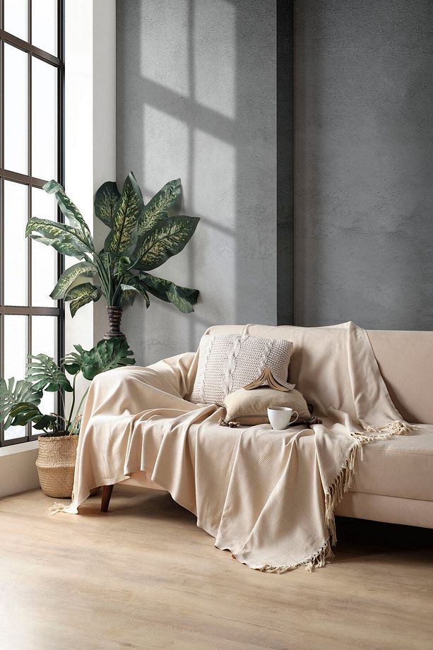 Açık Kahve Pamuklu Dekoratif Koltuk Örtüsü Set 170x230 Boyutlu Optimal Kaymaz Tasarım (2 ADET) - 5