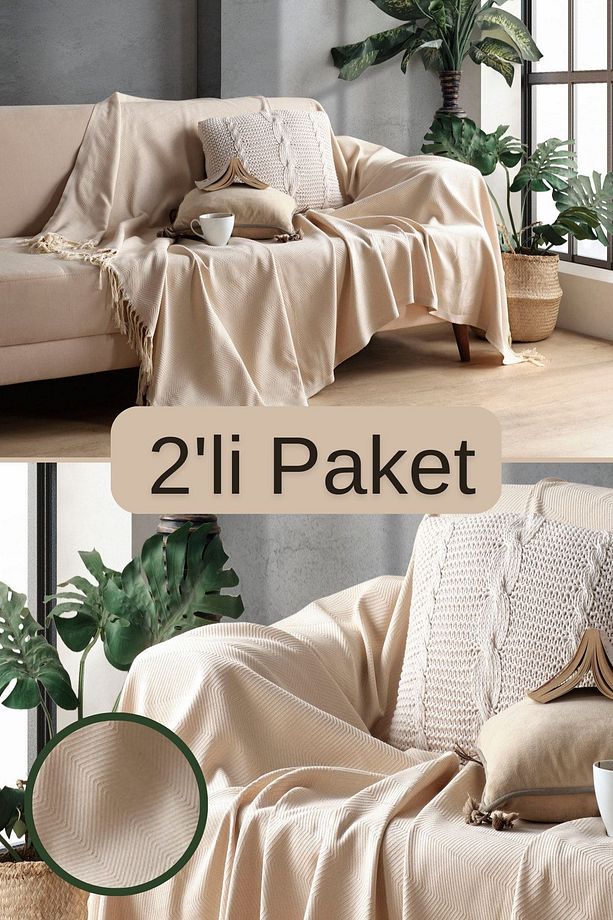 Açık Kahve Pamuklu Dekoratif Koltuk Örtüsü Set 170x230 Boyutlu Optimal Kaymaz Tasarım (2 ADET) - 1