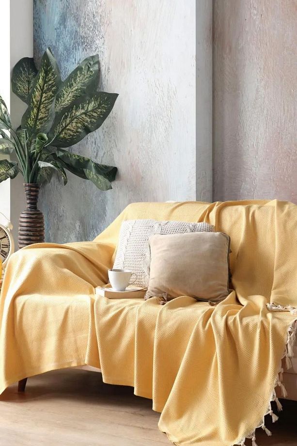 Sarı Pamuklu Dekoratif Koltuk Örtüsü Set 170x230 Boyutlu Optimal Kaymaz Tasarım (2 ADET) - 3