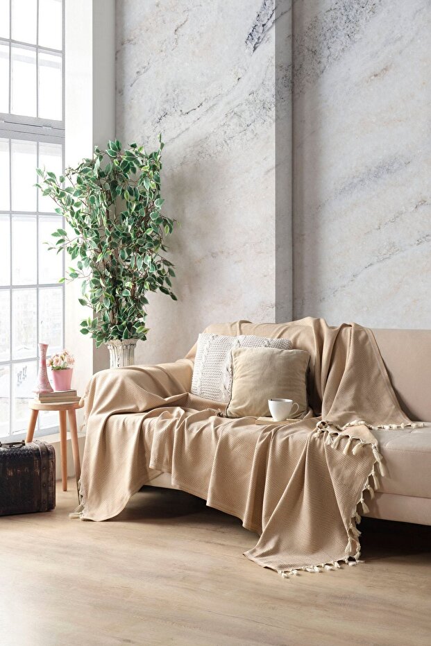 Camel Cotton Decorative Sofa Cover 170x230 Size Optimal Anti-Slip Design