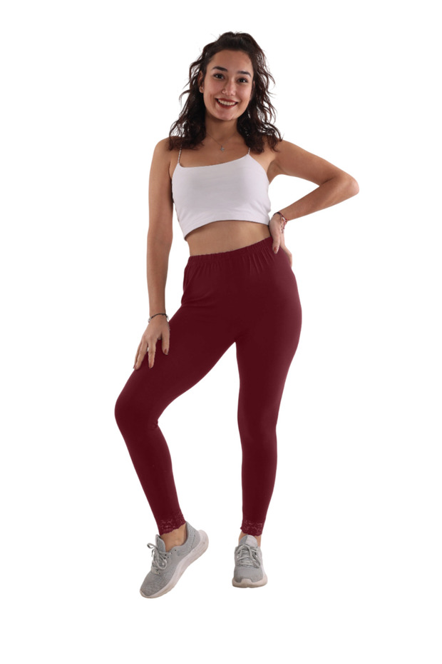 Burgundy Lace High Waisted Viscose Lycra Leggings (with Big Size Option)