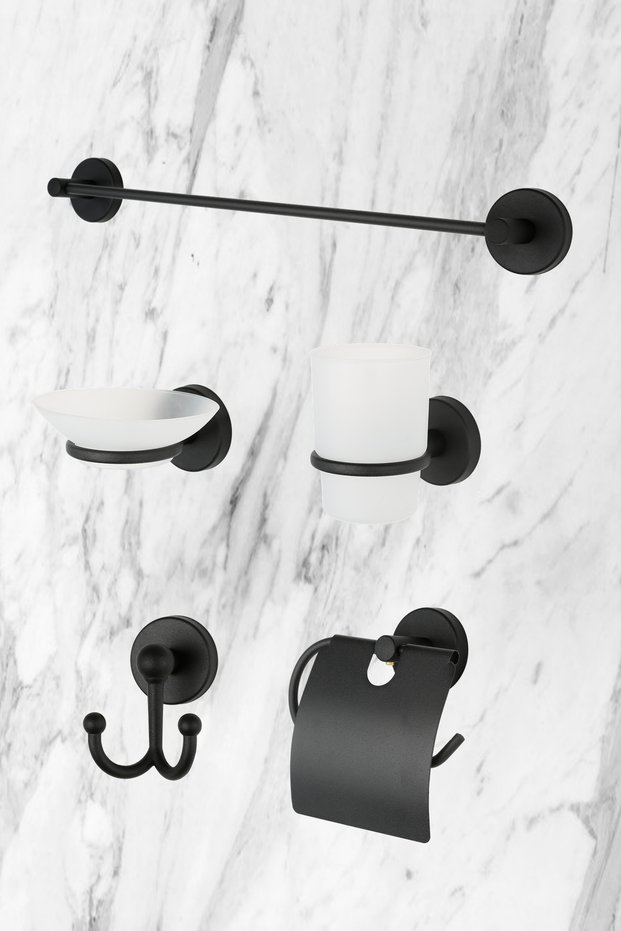 Black 5-Piece Set: Long Towel Holder/Toothbrush Holder/Fork Hanger/Soap Holder/Toilet Paper Holder Wc