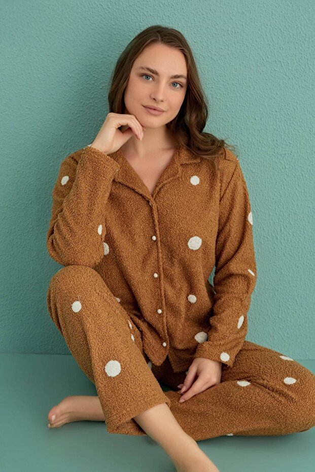 Women's Long Sleeve Front Button Boucle Brown Pajamas Suit C1T1N4O01-9