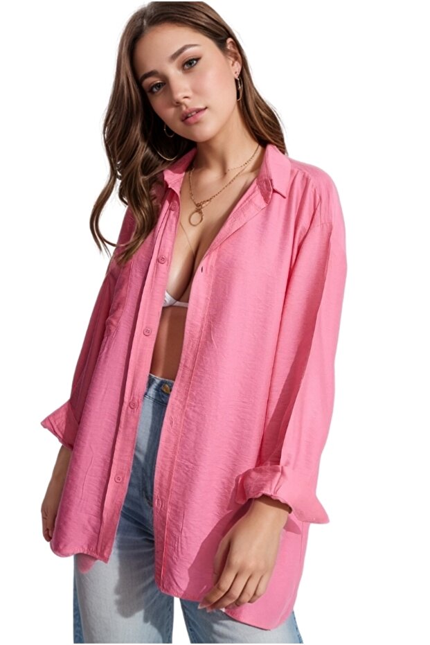 Women's Pink Solid Sleeve Folded Ayrobin Linen Long Sleeve Shirt