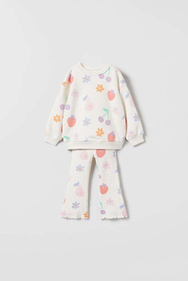 Girl's White Patterned Sweatshirt, Flare Leg Tights, Bottom-Top Set