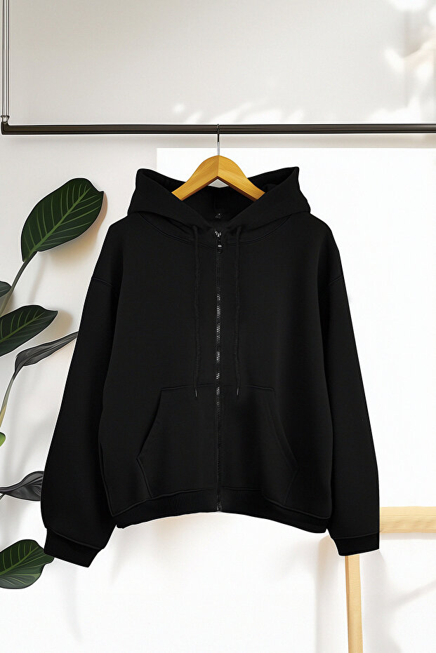 Siyah Oversize/Rahat Kesim Basic Kapuşonlu Kalın İçi Polarlı Örme Sweatshirt TWOAW24SW00188 - 1