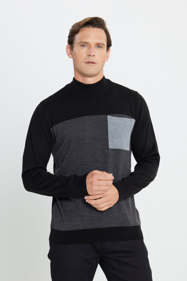 Erkek Siyah-Antrasit Standart Fit Normal Kesim Yarım Balıkçı Yaka Triko Kazak - 1