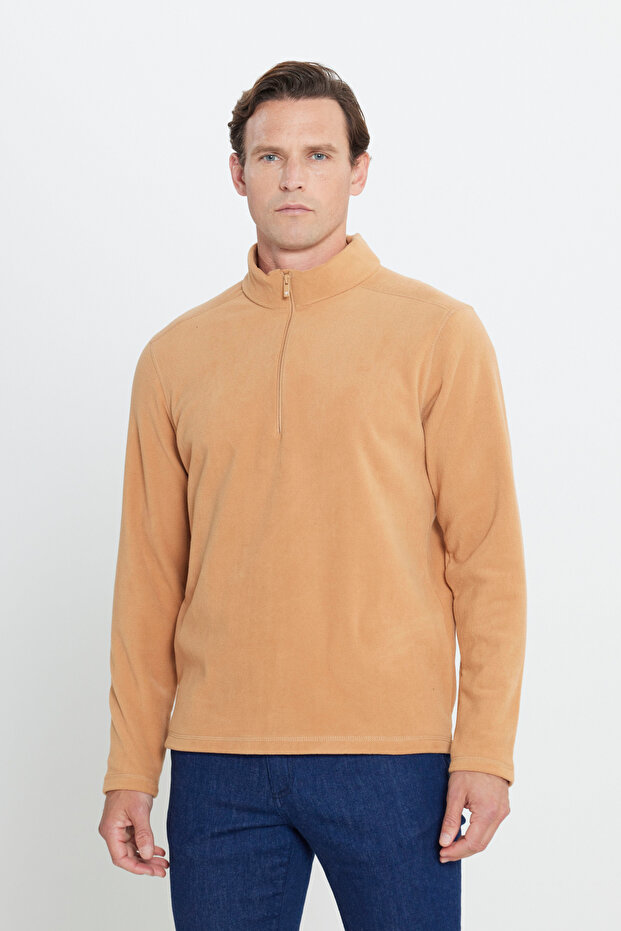 Erkek Karamel Anti-pilling Tüylenme Yapmayan Standart Fit Dik Yaka Soğuk Geçirmez Polar Sweatshirt - 4