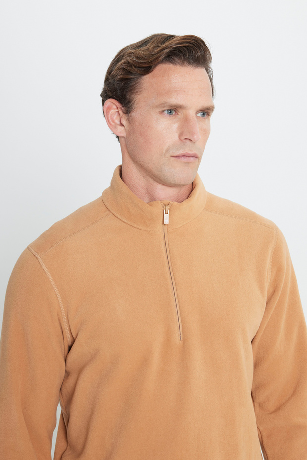 Erkek Karamel Anti-pilling Tüylenme Yapmayan Standart Fit Dik Yaka Soğuk Geçirmez Polar Sweatshirt - 5