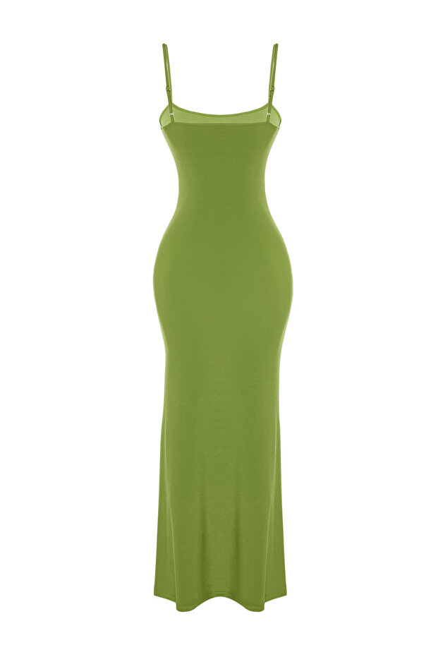 Yeşil Fitted/Vücuda Oturan Askılı Esnek Örme Maxi Kalem Elbise TWOSS23EL02435 - 7