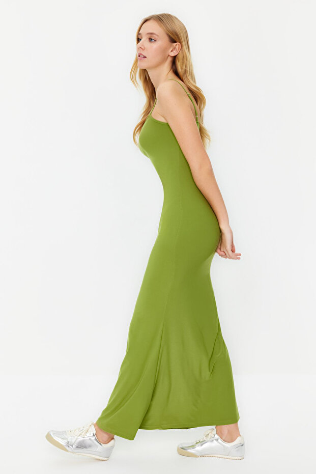Yeşil Fitted/Vücuda Oturan Askılı Esnek Örme Maxi Kalem Elbise TWOSS23EL02435 - 3