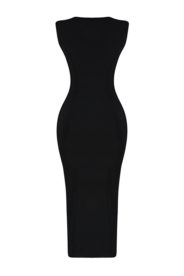 Siyah Fitted/Vücuda Oturan Büzgü Detaylı Midi Esnek Örme Kalem Elbise TWOSS23EL00751 - 9