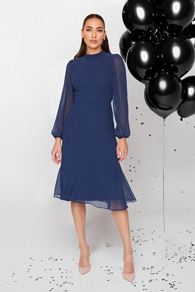 Sukienka z szyfonu w kolorze indygo midi z wycięciem w kształcie litery A, stójką i podszewką - Twoaw20El1313 - 1