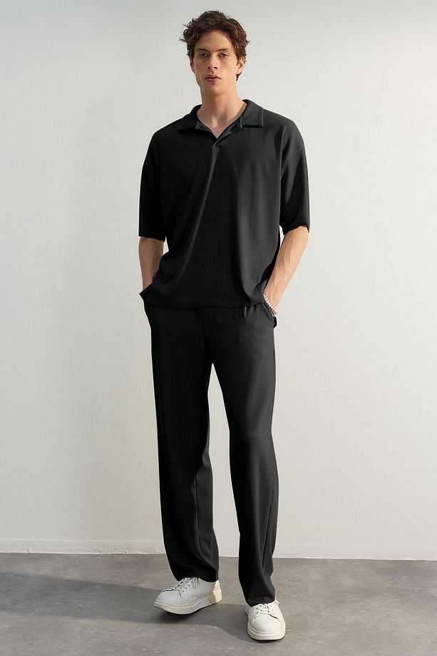 Limited Edition Siyah Straight Fit Dokulu Gizli Kordonlu Tek Parça Eşofman Altı TMNSS23EA00013 - 3