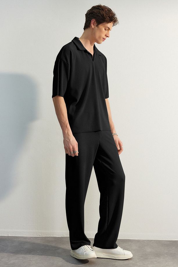 Limited Edition Siyah Straight Fit Dokulu Gizli Kordonlu Tek Parça Eşofman Altı TMNSS23EA00013 - 5