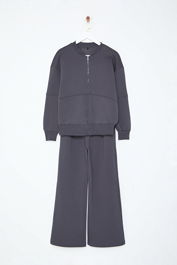 Anthrazitfarbenes Fleece-Trainingsanzug-Set mit Reißverschluss und dicker Innenseite - weite Passform Twoaw25em00001 - 6